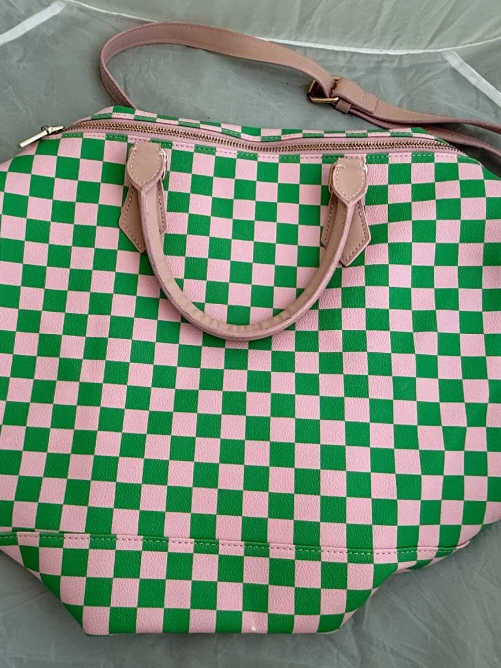Pink & Green Checkered Weekender/Duffle Bag + Matching Zip Wallet/Card Case 4pc